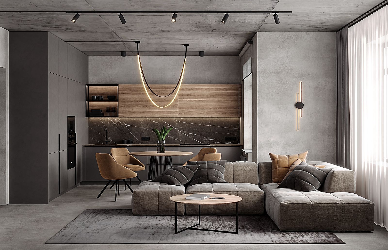 Stylish living room with sage green wall, large round mirror, wooden credenza, and potted plants.