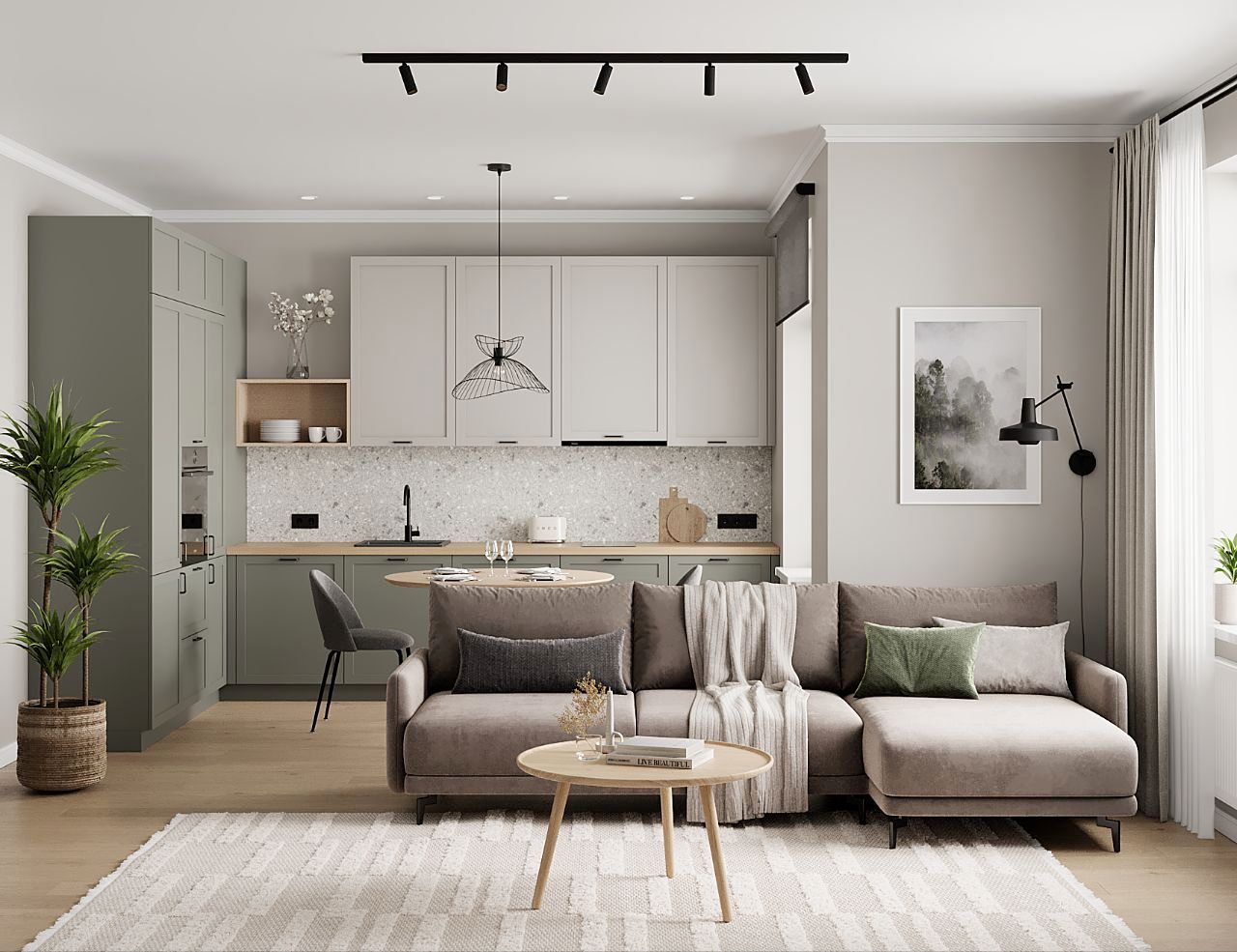Stylish living room featuring a teal accent wall, brown sofa, and gallery wall of art.